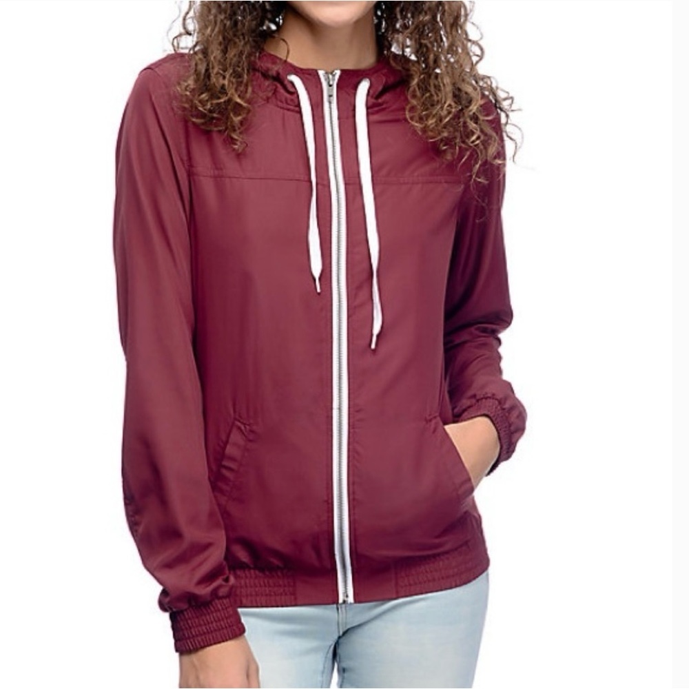 Zine Windbreaker Hooded Raincoat Jacket Full Zip Burgundy Lightweight size S